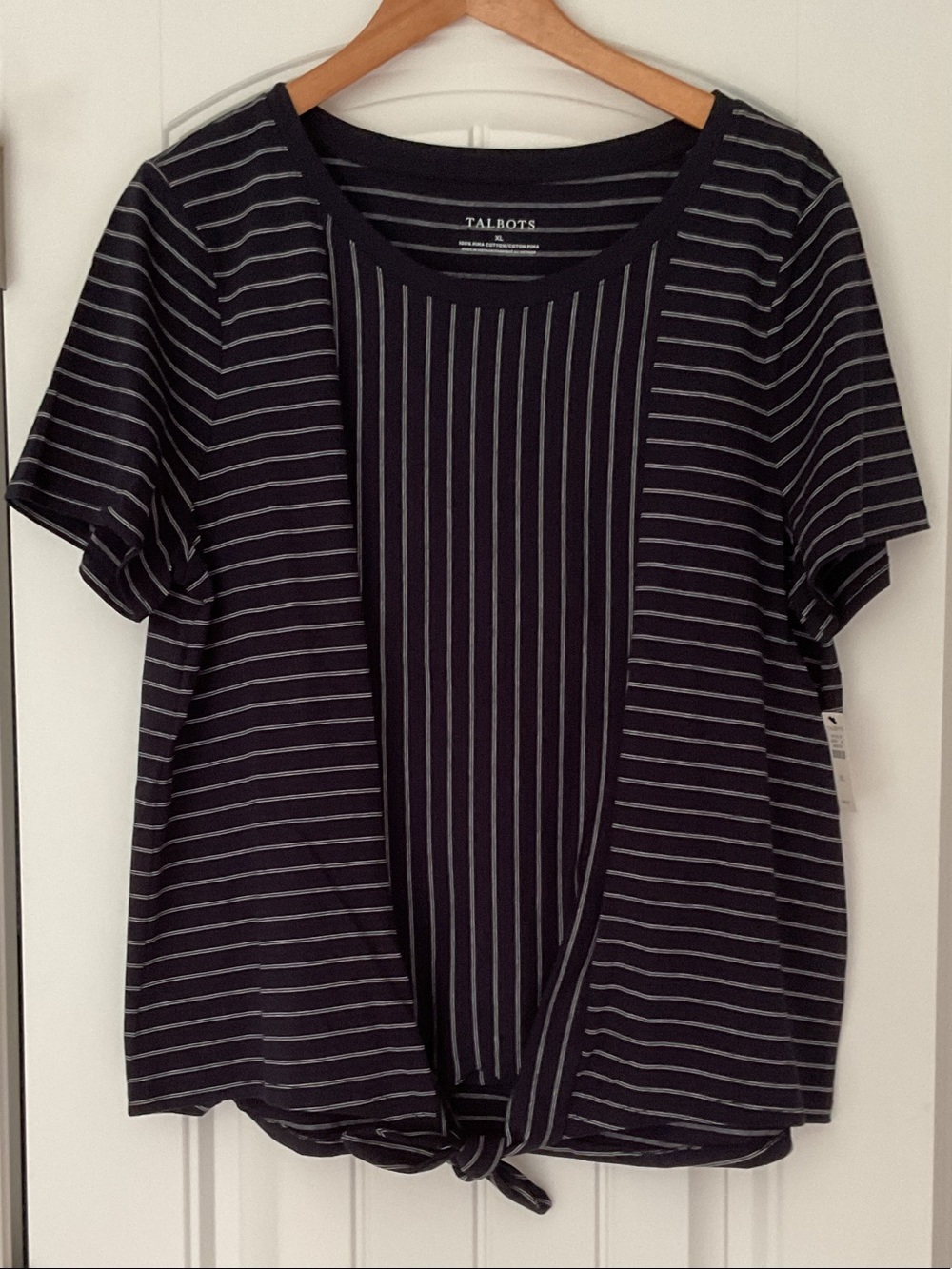 Talbots Navy & White Striped Short-Sleeve Tie-Front Tee